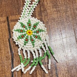 Handmade White & Green Beaded Pendant Necklace